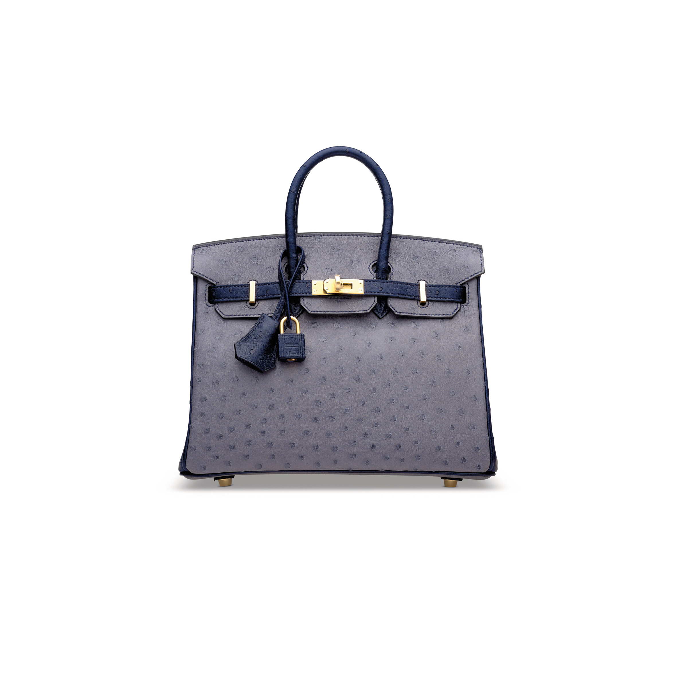 HERMÈS MASTER BIRKIN 25 OSTRICH AGATE GREY MALTESE BLUE BRUSHED GOLD BUCKLE H041944CK8V (25*20*13cm)